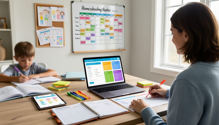 Parent reviewing homeschool materials on a laptop with notes written in a notebook nearby.