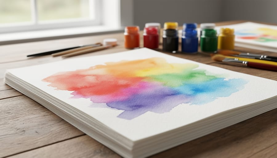 Watercolor paper with dried washes and blooms on a wooden table
