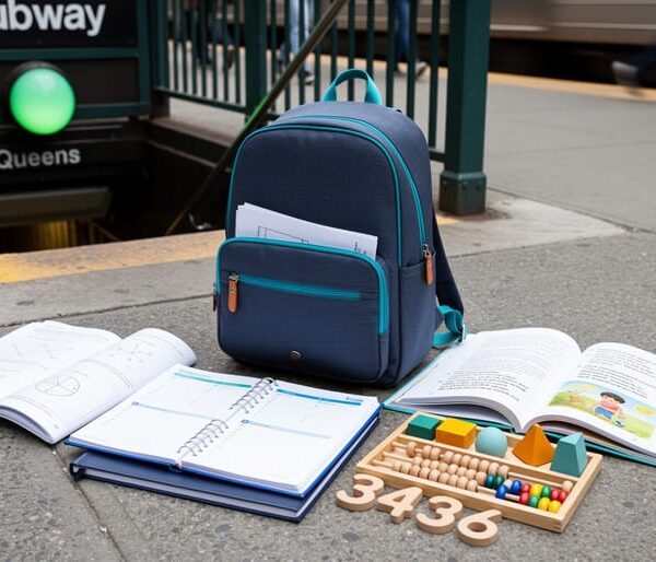 Homeschool supply stack including books, math workbook, and Montessori-style learning materials near a subway entrance in Queens.