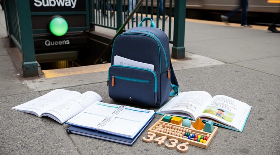 Homeschool supply stack including books, math workbook, and Montessori-style learning materials near a subway entrance in Queens.