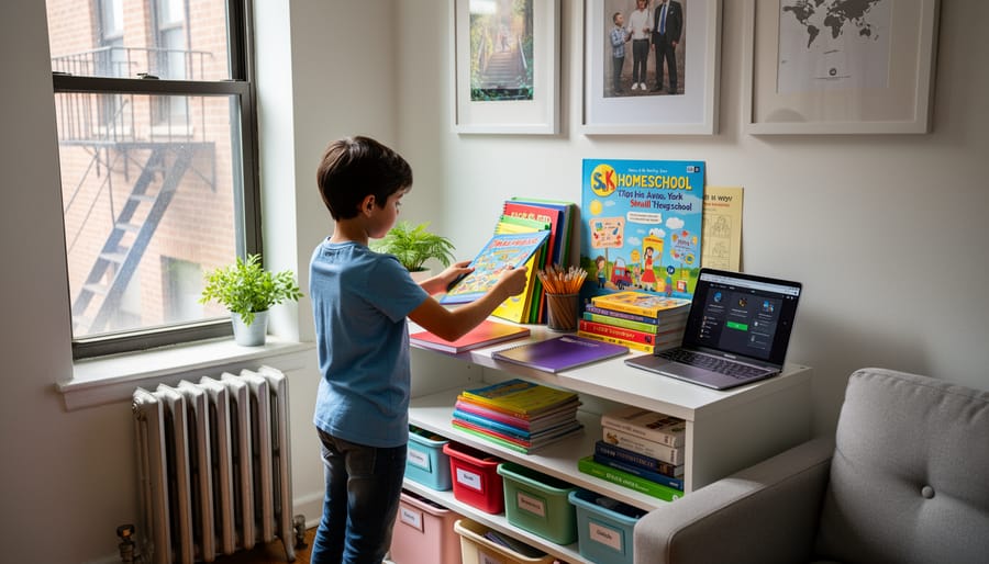 Homeschool student unpacking books and learning materials at a dining table in a Queens apartment