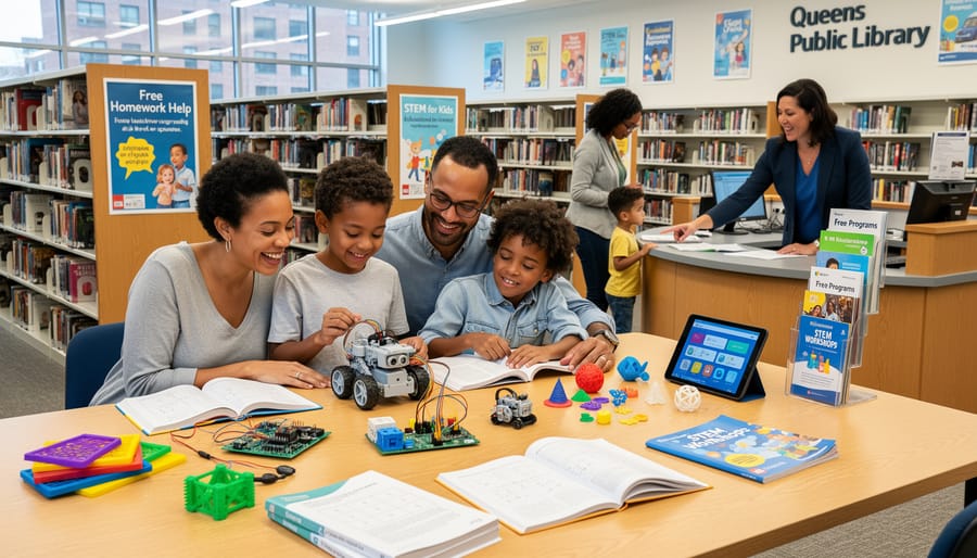 Parent and child examining STEM homeschool tools on a library table