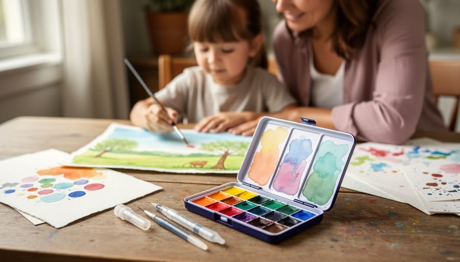 Opened watercolor travel set with painted butterfly artwork on paper