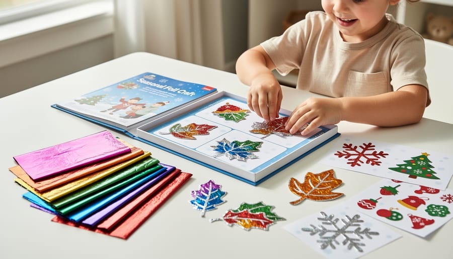 Child’s hands applying shiny foil stickers to a Halloween-themed craft project