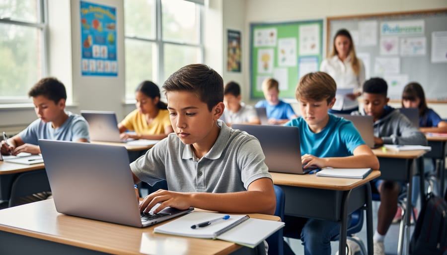 Student writing at a desk with a laptop open nearby for school research.