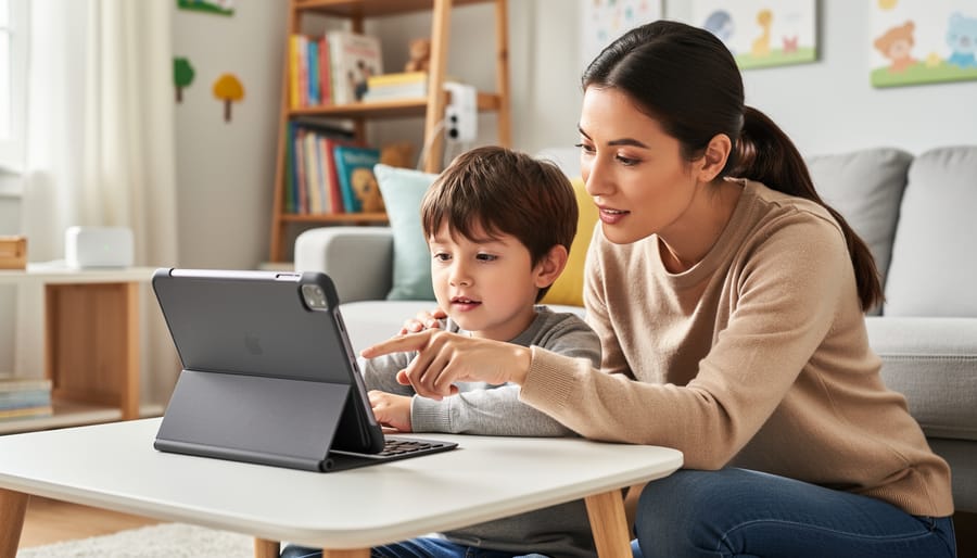 A child using a kid-friendly tablet while a parent’s hand supervises nearby.